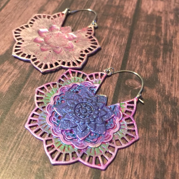 purple lotus flower earrings tibetan tribal vibe - Picture 7 of 8